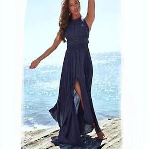 Jaase Endless Summer Gauze Maxi Halter Dress M Blue Gold Boho Goddess Hippie NEW